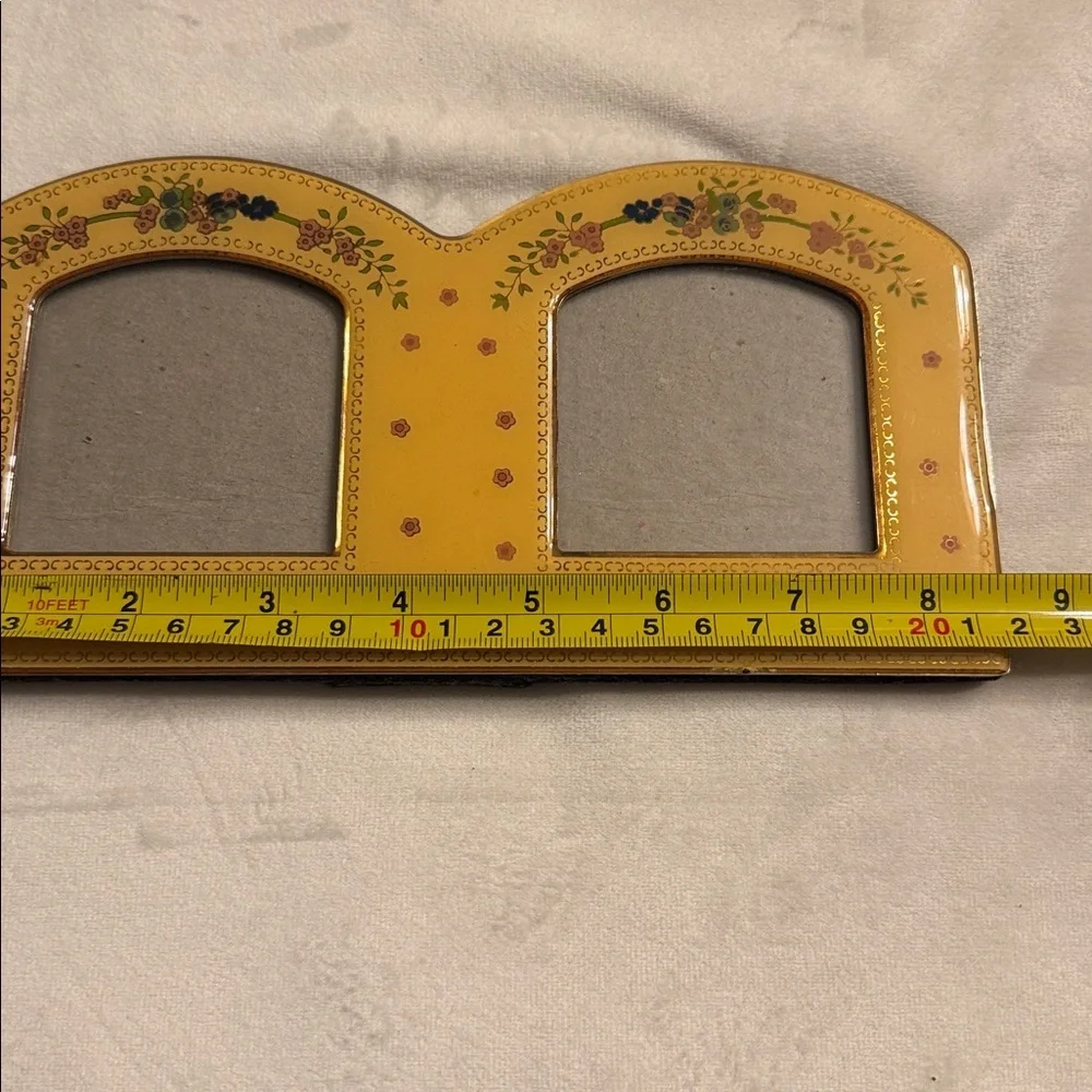 Vintage Yellow Enamel Double Photo Frame with Floral Accents